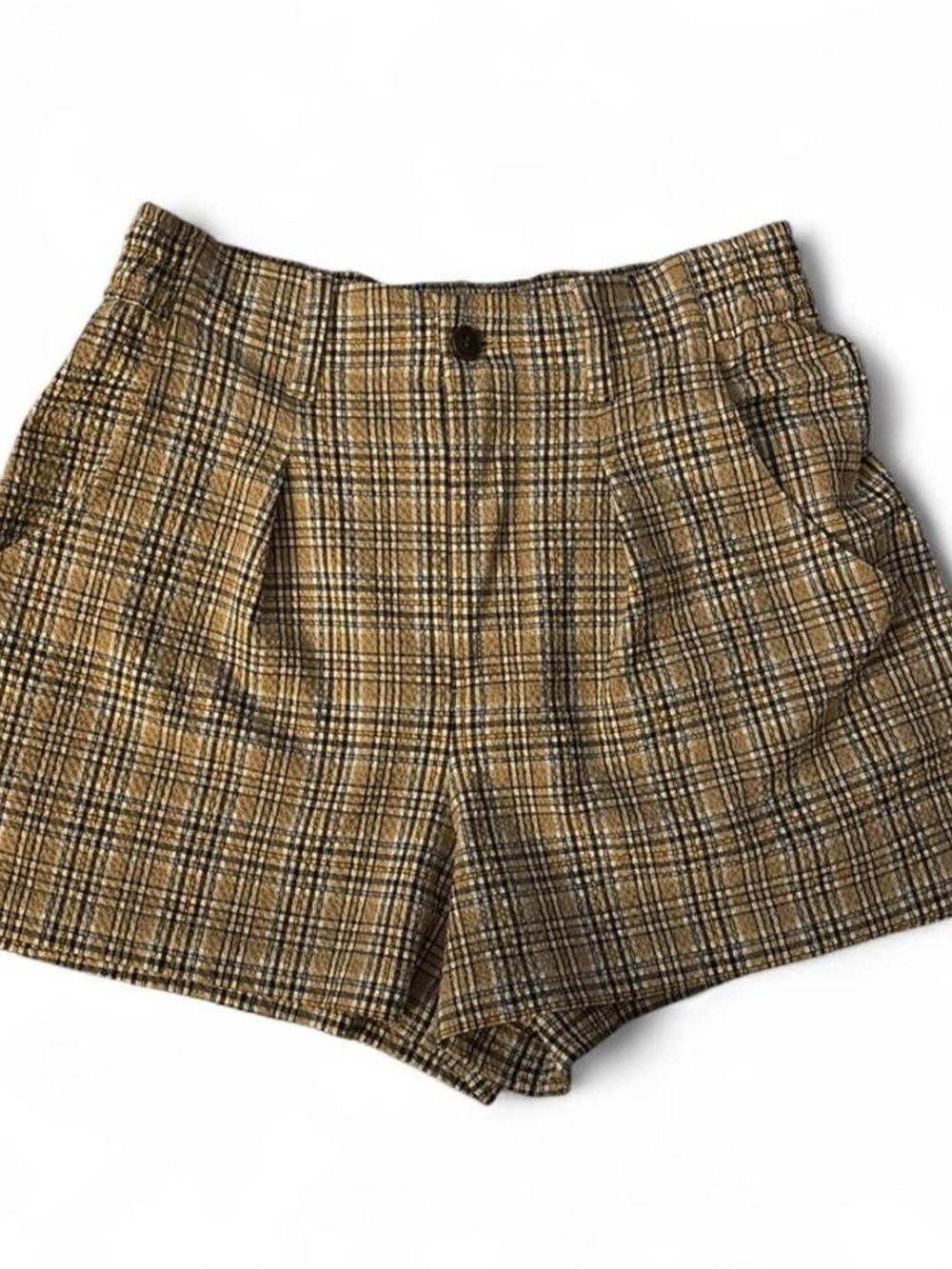 Madewell Plaid High-Waist Tailored Shorts - Tan/Black